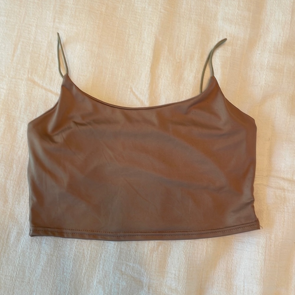cute silky bronze cropped tank, size S, super stretchy, added layer on inside
